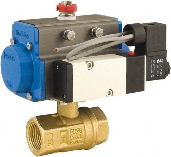 BONOMI - 3/4" Pipe, 600 psi WOG Rating Lead Free Brass Pneumatic Spring Return with Solenoid Actuated Ball Valve - PTFE Seal, Full Port, 150 psi WSP Rating, NPT End Connection - Industrial Tool & Supply