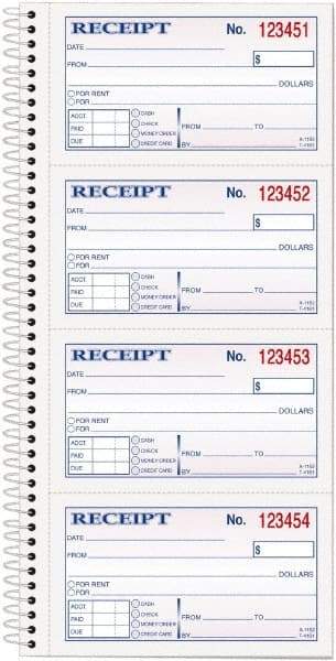 TOPS - 200 Sheet, 2-3/4 x 4-3/4", Receipt Book - White - Industrial Tool & Supply