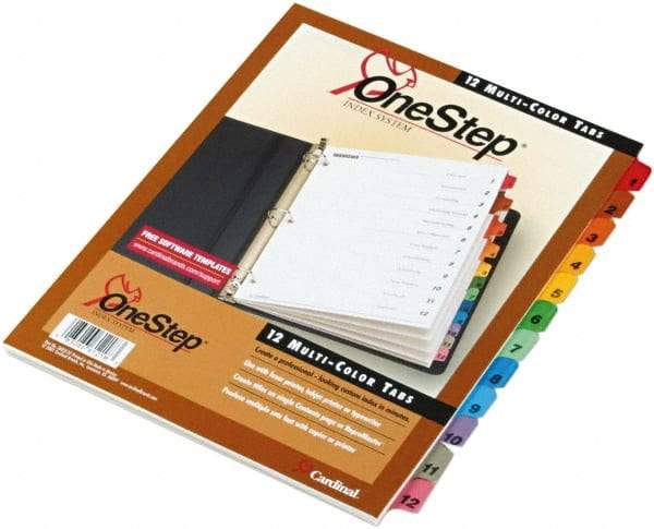 Cardinal - 11 x 8 1/2" 1 to 12" Label, 3-Hole Punched, Preprinted Divider - Multicolor Tabs, White Folder - Industrial Tool & Supply