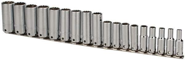 Proto - 18 Piece 3/8" Drive Tethered Deep Socket Set - 12 Points, 6 to 23mm, Metric Measurement Standard - Industrial Tool & Supply