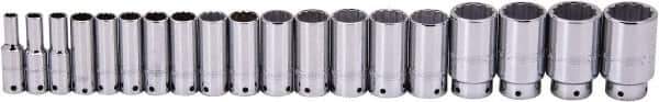 Proto - 19 Piece 1/2" Drive Deep Well Socket Set - 12 Points, 3/8" to 1-1/2" Range, Inch Measurement Standard - Industrial Tool & Supply