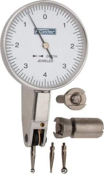 Fowler - 0.008 Inch Range, 0.0001 Inch Dial Graduation, Horizontal Dial Test Indicator - 1-1/2 Inch White Dial, 0-4-0 Dial Reading - Industrial Tool & Supply