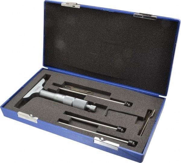 Fowler - 0 to 3" Range, 3 Rod, Satin Chrome Finish Mechanical Depth Micrometer - Ratchet Stop Thimble, 2-1/2" Base Length, 0.01mm Graduation, 0.176" Rod Diam - Industrial Tool & Supply