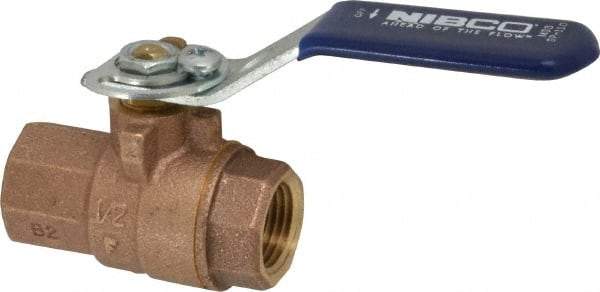 NIBCO - 1/2" Pipe, Full Port, Bronze Standard Ball Valve - 2 Piece, Inline - One Way Flow, FNPT x FNPT Ends, Lever with Memory Stop Handle, 600 WOG, 150 WSP - Industrial Tool & Supply