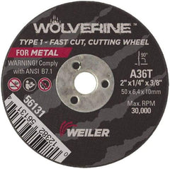 Weiler - 2" Diam x 3/8" Hole x 1/4" Thick, T Hardness, 36 Grit Surface Grinding Wheel - Aluminum Oxide, Type 1, Medium Grade, 30,000 Max RPM, Resinoid Bond - Industrial Tool & Supply