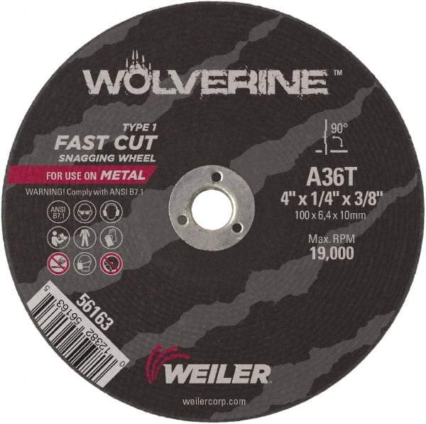 Weiler - 4" Diam x 3/8" Hole x 1/4" Thick, T Hardness, 36 Grit Surface Grinding Wheel - Aluminum Oxide, Type 1, Medium Grade, 19,000 Max RPM, Resinoid Bond - Industrial Tool & Supply