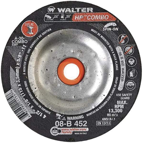 WALTER Surface Technologies - 30 Grit, 4-1/2" Wheel Diam, 1/8" Wheel Thickness, Type 27 Depressed Center Wheel - Aluminum Oxide, 13,300 Max RPM - Industrial Tool & Supply