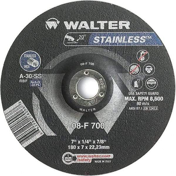 WALTER Surface Technologies - 30 Grit, 7" Wheel Diam, 1/4" Wheel Thickness, 7/8" Arbor Hole, Type 27 Depressed Center Wheel - Aluminum Oxide, Resinoid Bond, 8,600 Max RPM - Industrial Tool & Supply