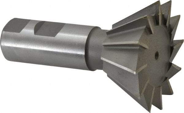 Made in USA - 2-1/2" Diam x 1-1/8" Width of Cut, 60° Included Angle, Cobalt Dovetail Cutter - 1" Shank Diam, 2-5/8" Shank Length, 3-3/4" Overall Length, Weldon Flat, Uncoated - Industrial Tool & Supply