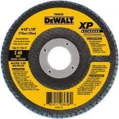DeWALT - 40 Grit, 4-1/2" Disc Diam, 7/8" Center Hole, Type 27 Zirconia Alumina Flap Disc - 13,300 Max RPM, Cloth Backing, Arbor Attaching System, Coated - Industrial Tool & Supply