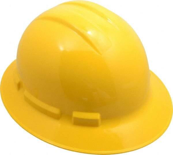 PRO-SAFE - ANSI Type I, Class E & G Rated, 6-Point, Ratchet Adjustment Hard Hat - Size 6-1/2 to 8, Yellow, Full Brim - Industrial Tool & Supply