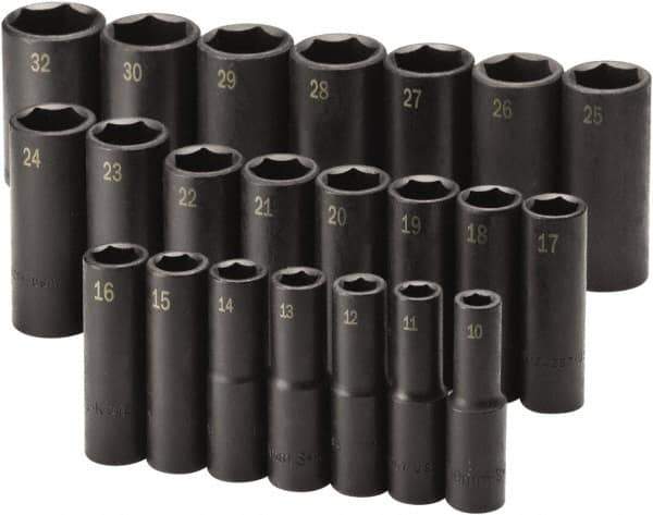SK - 22 Piece 1/2" Drive Black Finish Deep Well Impact Socket Set - 6 Points, 10mm to 32mm Range, Metric Measurement Standard - Industrial Tool & Supply