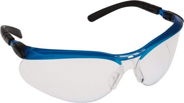3M - Clear Lenses, Framed Safety Glasses - Anti-Fog, Scratch Resistant, Blue Polycarbonate Frame, Adjustable Temples, Size Universal, Wrap Around - Industrial Tool & Supply