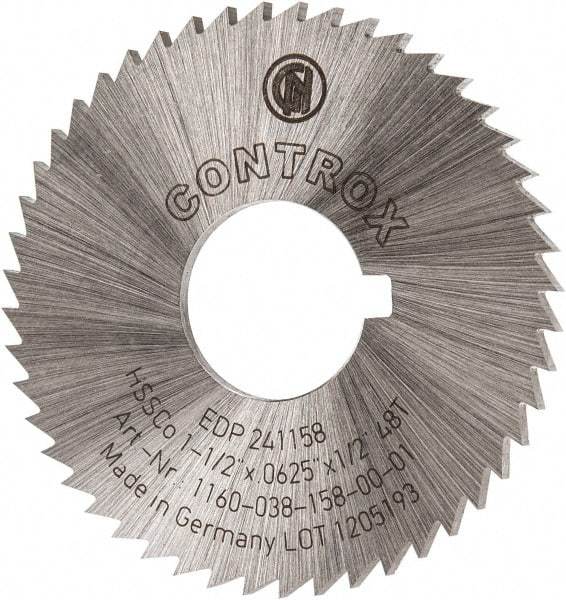 Controx - 1-1/2" Diam x 1/16" Blade Thickness x 1/2" Arbor Hole Diam, 48 Tooth Slitting and Slotting Saw - Arbor Connection, Right Hand, Uncoated, Cobalt, Concave Ground, Contains Keyway - Industrial Tool & Supply