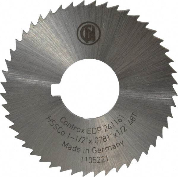 Controx - 1-1/2" Diam x 0.0781" Blade Thickness x 1/2" Arbor Hole Diam, 48 Tooth Slitting and Slotting Saw - Arbor Connection, Right Hand, Uncoated, Cobalt, Concave Ground, Contains Keyway - Industrial Tool & Supply