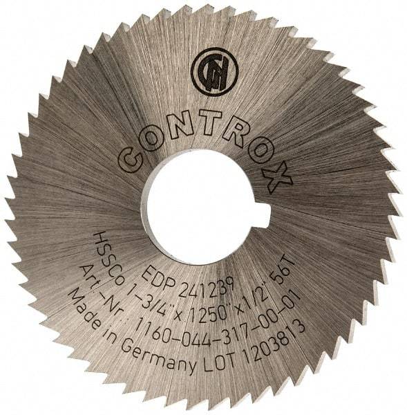 Controx - 1-3/4" Diam x 1/8" Blade Thickness x 1/2" Arbor Hole Diam, 56 Tooth Slitting and Slotting Saw - Arbor Connection, Right Hand, Uncoated, Cobalt, Concave Ground, Contains Keyway - Industrial Tool & Supply