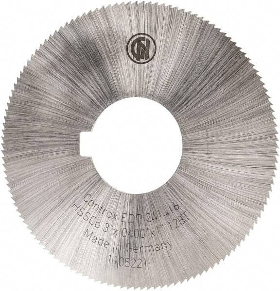Controx - 3" Diam x 0.04" Blade Thickness x 1" Arbor Hole Diam, 128 Tooth Slitting and Slotting Saw - Arbor Connection, Right Hand, Uncoated, Cobalt, Concave Ground, Contains Keyway - Industrial Tool & Supply