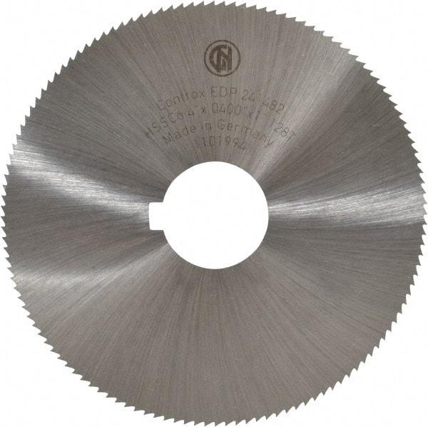 Controx - 4" Diam x 0.04" Blade Thickness x 1" Arbor Hole Diam, 128 Tooth Slitting and Slotting Saw - Arbor Connection, Right Hand, Uncoated, Cobalt, Concave Ground, Contains Keyway - Industrial Tool & Supply