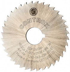 Controx - 2-1/2" Diam x 0.0938" Blade Thickness x 5/8" Arbor Hole Diam, 36 Tooth Slitting and Slotting Saw - Arbor Connection, Right Hand, Uncoated, Cobalt, 15° Rake, Concave Ground, Contains Keyway - Industrial Tool & Supply