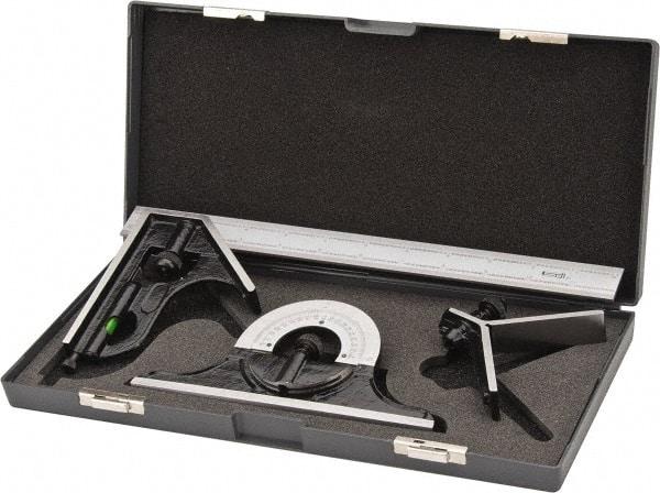 SPI - 4 Piece, 12" Combination Square Set - 1/100, 1/32, 1/50 & 1/64" (16R) Graduation, Hardened Steel Blade, Hardened Steel Center, Protractor & Square Head - Industrial Tool & Supply