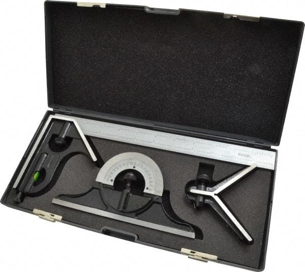 SPI - 4 Piece, 12" Combination Square Set - 1/32 & 1/64" (English/Metric) Graduation, Hardened Steel Blade, Hardened Steel Center, Protractor & Square Head - Industrial Tool & Supply