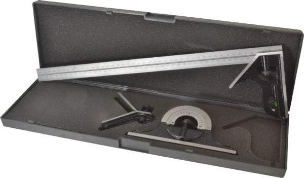 SPI - 4 Piece, 18" Combination Square Set - 1/32 & 1/64" (English/Metric) Graduation, Hardened Steel Blade, Hardened Steel Center, Protractor & Square Head - Industrial Tool & Supply