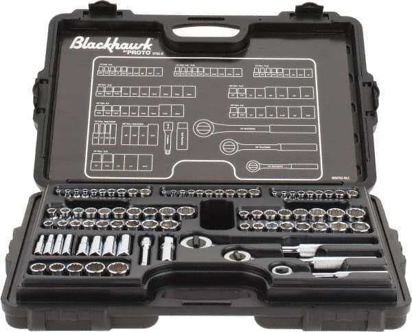 Blackhawk by Proto - 82 Piece 1/4" & 3/8" Drive Deep Well Socket Set - 6, 12 Points, 5/32" to 13/16" (4mm to 19mm) Range, Inch/Metric Measurement Standard - Industrial Tool & Supply