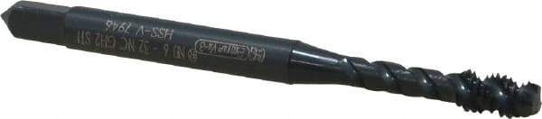 OSG - #6-32 UNC, 3 Flute, 45° Helix, Modified Bottoming Chamfer, Oxide Finish, Vanadium High Speed Steel Spiral Flute STI Tap - Right Hand Flute, 2" OAL, 0.194" Shank Diam, 11/16" Thread Length, Series 302 - Exact Industrial Supply