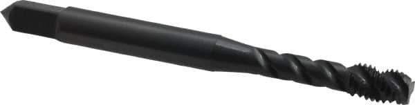 OSG - #8-32 UNC, 3 Flute, 45° Helix, Modified Bottoming Chamfer, Oxide Finish, Vanadium High Speed Steel Spiral Flute STI Tap - Right Hand Flute, 2-1/8" OAL, 0.168" Shank Diam, 3/4" Thread Length, Series 302 - Exact Industrial Supply