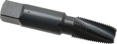 OSG - 1/8-27 NPT, 15° Helix, 4 Flutes, Modified Bottoming Chamfer, Oxide Finish, Vanadium High Speed Steel, Spiral Flute Pipe Tap - Right Hand Flute, 7/16" Shank Diam, 3/4" Thread Length, 0.3120" Projection, 0.328" Square Size, - Exact Industrial Supply