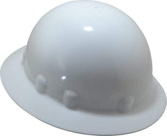 Fibre-Metal - ANSI Type I, Class E Rated, 8-Point, Ratchet Adjustment Hard Hat - One Size Fits Most, White, Full Brim - Industrial Tool & Supply