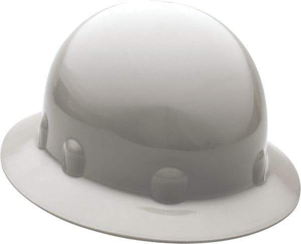 Fibre-Metal - ANSI Type I, Class E Rated, 8-Point, Ratchet Adjustment Hard Hat - One Size Fits Most, Gray, Full Brim - Industrial Tool & Supply