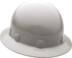 Fibre-Metal - ANSI Type I, Class E Rated, 8-Point, Ratchet Adjustment Hard Hat - One Size Fits Most, Gray, Full Brim - Industrial Tool & Supply