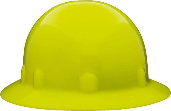 Fibre-Metal - ANSI Type I, Class E Rated, 8-Point, Ratchet Adjustment Hard Hat - Size 6-1/2 to 8, Hi-Viz Yellow, Full Brim - Industrial Tool & Supply