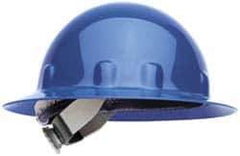 Fibre-Metal - ANSI Type I, Class E Rated, 8-Point, Ratchet Adjustment Hard Hat - Size 6-1/2 to 8, Blue, Full Brim - Industrial Tool & Supply