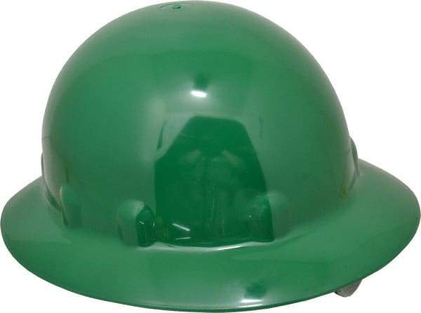 Fibre-Metal - ANSI Type I, Class E Rated, 8-Point, Ratchet Adjustment Hard Hat - Size 6-1/2 to 8, Green, Full Brim - Industrial Tool & Supply