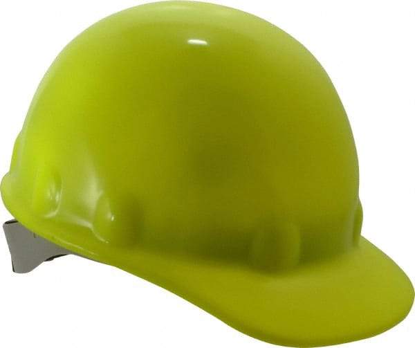 Fibre-Metal - ANSI Type I, Class E Rated, 8-Point, Ratchet Adjustment Hard Hat - One Size Fits Most, Hi-Viz Yellow, Standard Brim - Industrial Tool & Supply