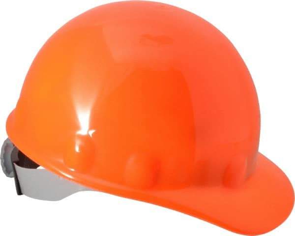 Fibre-Metal - ANSI Type I, Class E Rated, 8-Point, Ratchet Adjustment Hard Hat - One Size Fits Most, Hi-Viz Orange, Standard Brim - Industrial Tool & Supply