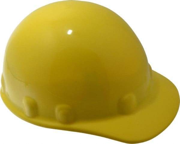 Fibre-Metal - ANSI Type I, Class E Rated, 8-Point, Ratchet Adjustment Hard Hat - Size 6-1/2 to 8, Yellow, Standard Brim - Industrial Tool & Supply