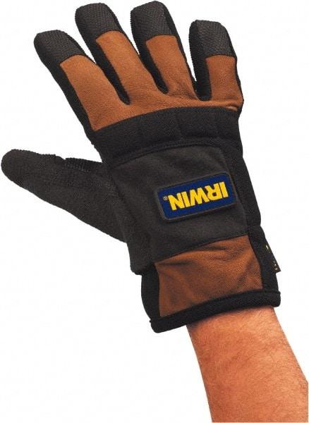 Irwin - Size M Foam Padding/Terry Cloth (Thumb) Abrasion Protection & Cut & Puncture Resistant Work Gloves - For Work & Driver, Uncoated, Slip-On Cuff, Full Fingered, Brown/Black, Paired - Industrial Tool & Supply
