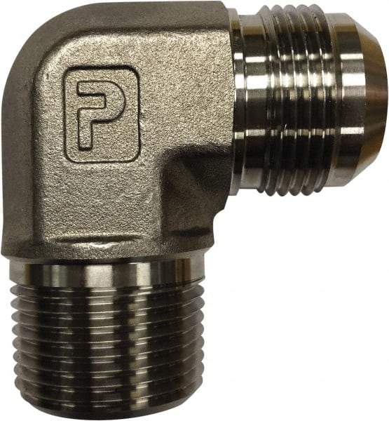 Parker - 3/8" Tube OD, 37° Stainless Steel Flared Tube Male Elbow - 1/2 NPTF, Flare x MNPTF Ends - Industrial Tool & Supply
