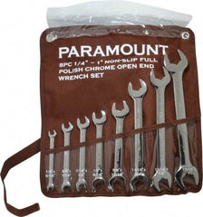 Paramount - 8 Piece, 1/4" to 1", Open End Wrench Set - Inch Measurement Standard, Full Polish Finish, Comes in Canvas Pouch - Industrial Tool & Supply