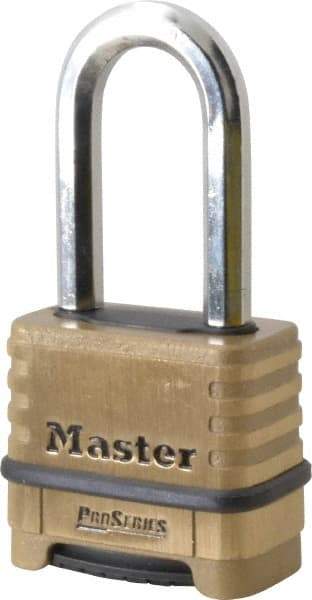 Master Lock - 2-1/4" Body Width x 2" Body Height, 2.063" Shackle Clearance, Brass Body & Boron Carbide Combination Lock - 3/8" Shackle Diam - Industrial Tool & Supply