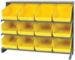 Quantum Storage - 12 Bin Store-More Sloped Shelving System - 36 Inch Overall Width x 12 Inch Overall Depth x 26-1/2 Inch Overall Height, Yellow Polypropylene Bins - Industrial Tool & Supply