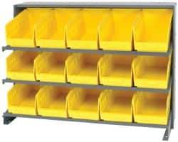 Quantum Storage - 15 Bin Store-More Sloped Shelving System - 36 Inch Overall Width x 12 Inch Overall Depth x 26-1/2 Inch Overall Height, Yellow Polypropylene Bins - Industrial Tool & Supply
