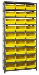 Quantum Storage - 27 Bin Store-More Shelf Bin System - 36 Inch Overall Width x 12 Inch Overall Depth x 75 Inch Overall Height, Yellow Polypropylene Bins - Industrial Tool & Supply