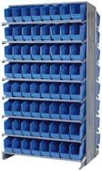 Quantum Storage - 128 Bin Store-More Sloped Shelving System - 36 Inch Overall Width x 24 Inch Overall Depth x 63-1/2 Inch Overall Height, Blue Polypropylene Bins - Industrial Tool & Supply