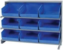 Quantum Storage - 9 Bin Store-More Sloped Shelving System - 36 Inch Overall Width x 12 Inch Overall Depth x 26-1/2 Inch Overall Height, Blue Polypropylene Bins - Industrial Tool & Supply