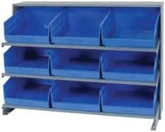 Quantum Storage - 9 Bin Store-More Sloped Shelving System - 36 Inch Overall Width x 12 Inch Overall Depth x 26-1/2 Inch Overall Height, Blue Polypropylene Bins - Industrial Tool & Supply