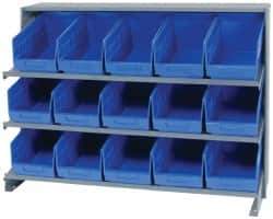 Quantum Storage - 15 Bin Store-More Sloped Shelving System - 36 Inch Overall Width x 12 Inch Overall Depth x 26-1/2 Inch Overall Height, Blue Polypropylene Bins - Industrial Tool & Supply